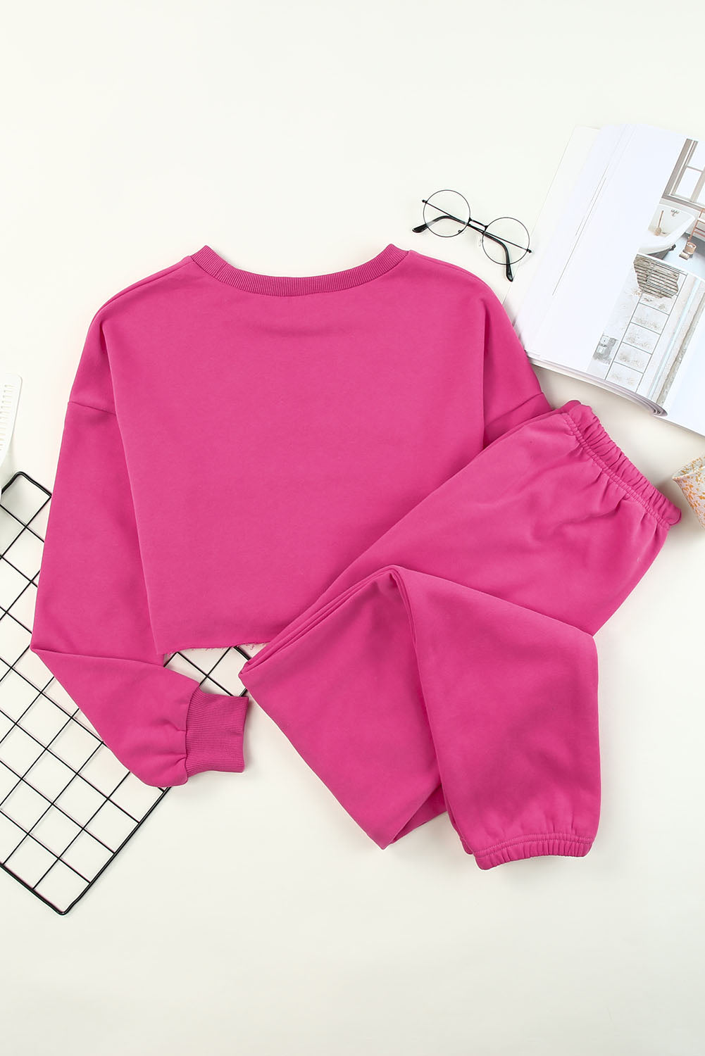 Pink Matching Sweatpants Set Women's Round Neck Long Sleeve Cropped Top and Pants Set