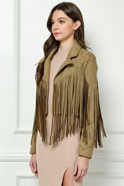 KESLEY Suede Fringe Long Sleeve Moto Jacket