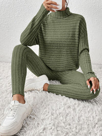 Womens Ribbed Turtleneck Top and Pants Set Loungewear Casual Fashion Sets