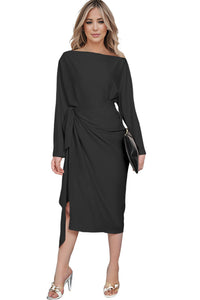 Boat Neck Long Sleeve Twisted Midi Dress, Work Dress, professional dresses