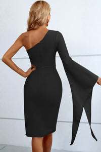 Womens Fashion Short Black Dress Waist Cut Out High Slit Flare Sleeve One-Shoulder Slit Mini Dress