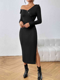 Black Off The Shoulder Dress Asymmetrical Neck Long Sleeve Slit Sweater Dress