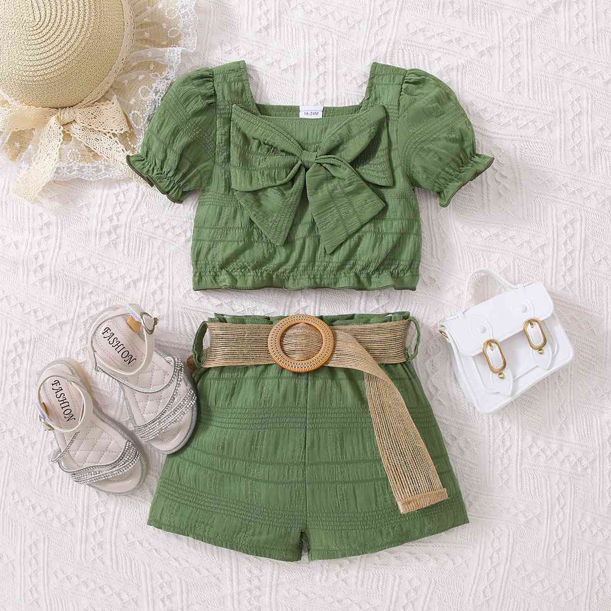 Kids Textured Bow Detail Top and Belted Shorts Set Baby Fashion Girls Babies Fashion and Gifts