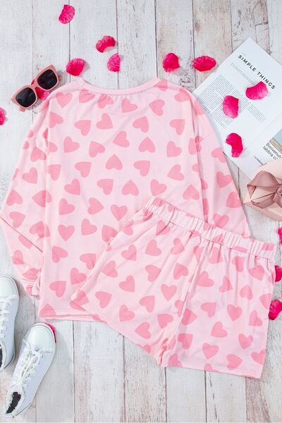 Heart Print Round Neck Top and Shorts Lounge Set Pajama Set Fashion Pajamas