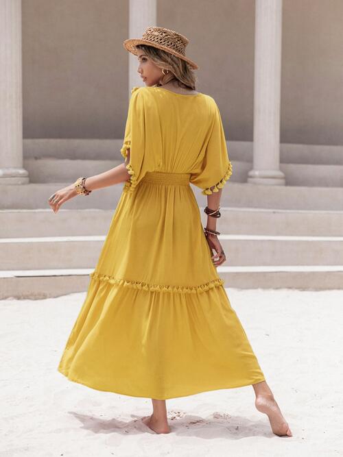 Tassel Trim Smocked V-Neck Short Sleeve Maxi Dress