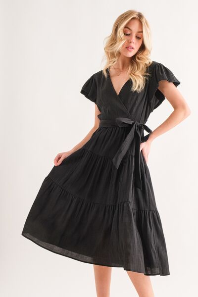 Womens Casual Black Textured Tiered Midi Dress, loose fit dress Vacation holiday sundress