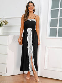 Womens Casual Slit Lace Detail Vacation Holiday Spaghetti Strap Long Maxi Dress