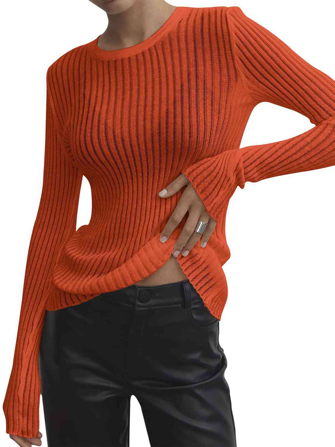 Women's Cotton Sheer See Through Round Neck Long Sleeve Ribbed Knit Top