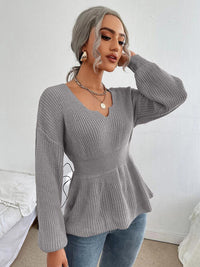 Notched Dropped Shoulder Knit Long Sleeve Top