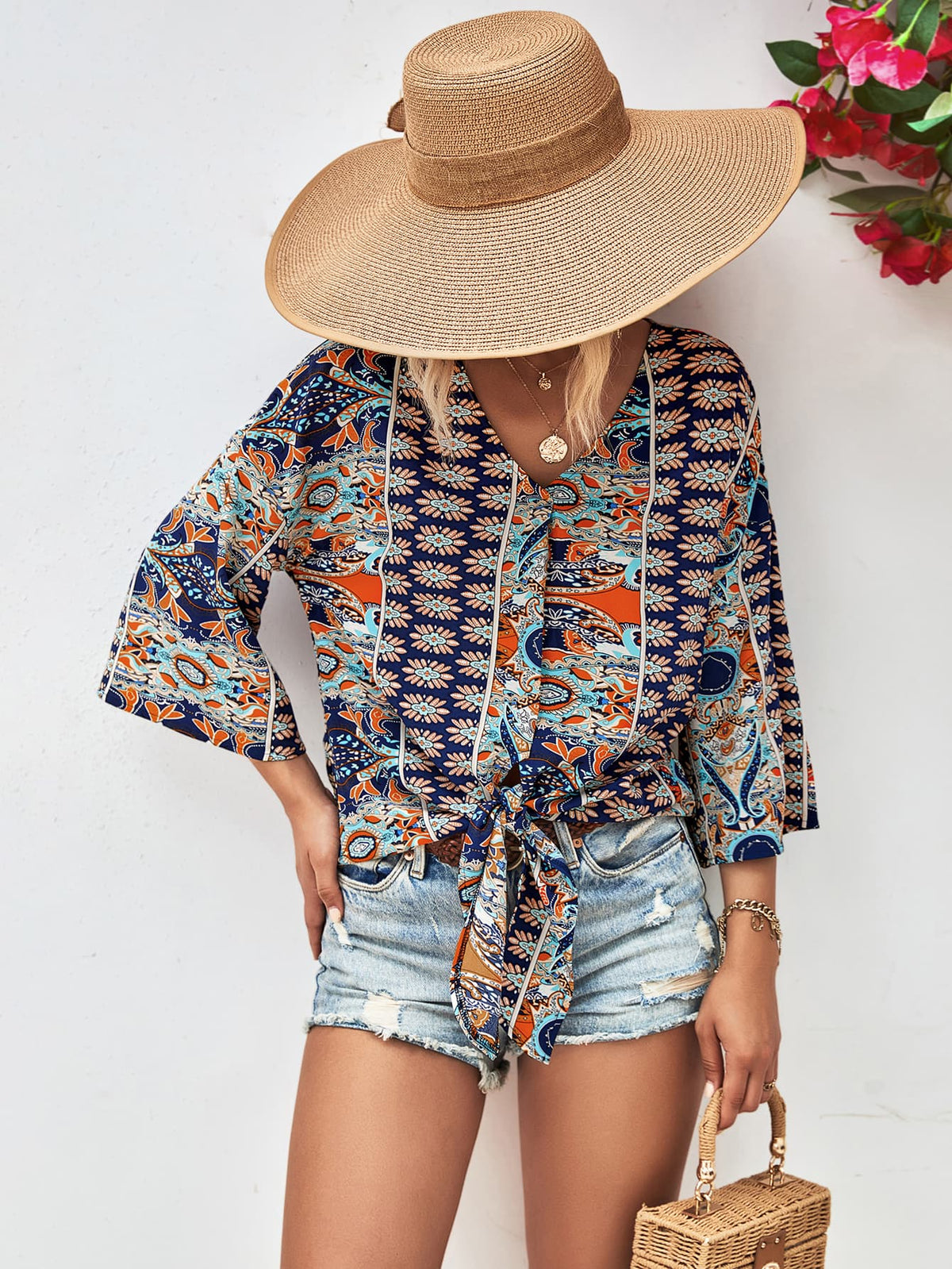 Boho Tie Hem V-Neck Three-Quarter Sleeve Blouse