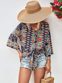 Boho Tie Hem V-Neck Three-Quarter Sleeve Blouse