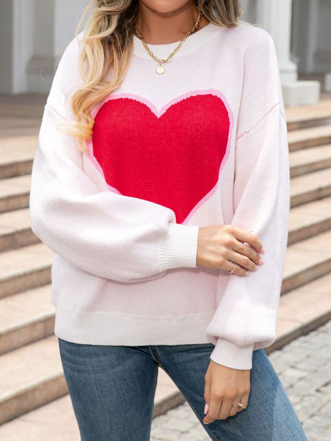 Fashion Sweater Women's Fashion Red Heart Print Round Neck Long Sleeve Sweater