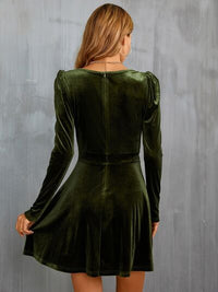 Long Sleeve V Neckline Velvet Surplice Puff Sleeve Mini Dress