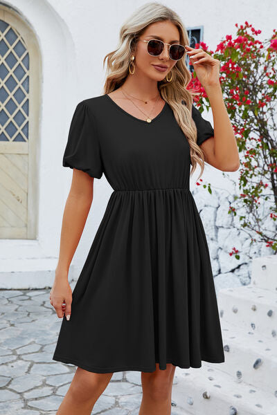 Womens V-Neck Balloon Short Sleeve Dress