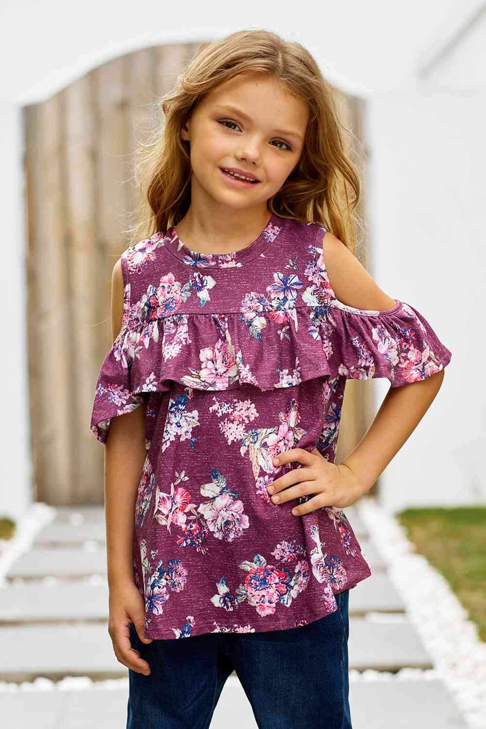 Girls Floral Cold-Shoulder Ruffled Top Kid's Fashion