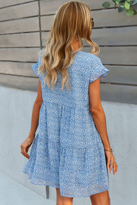 Printed V-Neck Short Sleeve Tiered Casual Dress