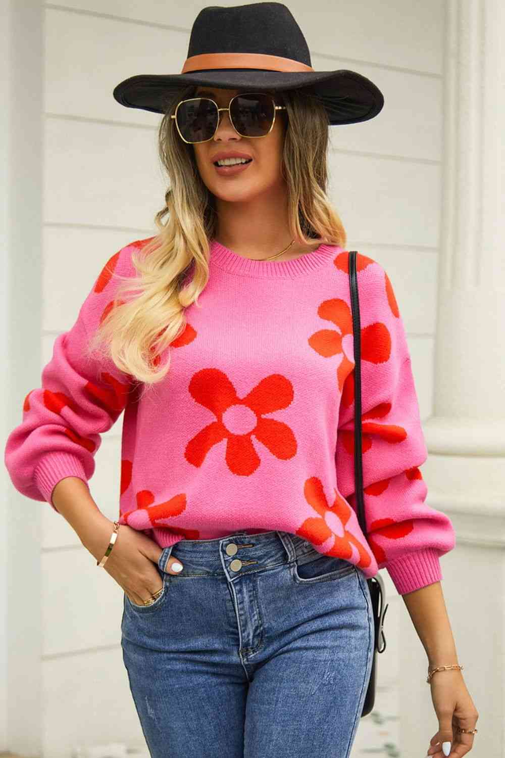 Floral Print Round Neck Dropped Shoulder Pullover Fashion Sweater