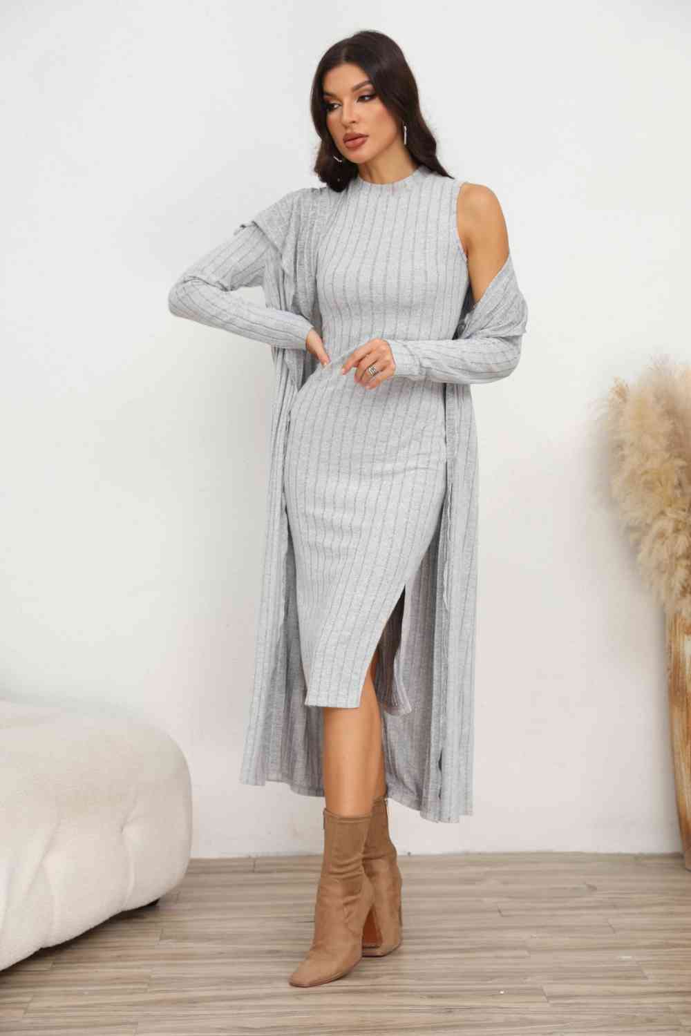 Women's Matching Fashion Set Casual Grey Ribbed Long Sleeve Slit Dress and Longline Cardigan Set