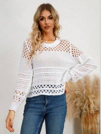 Womens Crochet Sweater Long Sleeve Casual Cutout Round Neck Knit Top