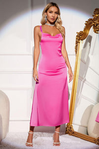 New Ladies Fashion Dress Pink Satin Backless Sleeveless Midi Dress, Ankle Length Spaghetti Sleeve Cocktail Dress