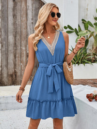 Cami Dress Casual and Confortable V Neck Waist Tie Frill Sleeveless Mini Dress