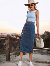 Women's Jean Denim Skirt Button Down High Slit Versatile Fashion Cotton