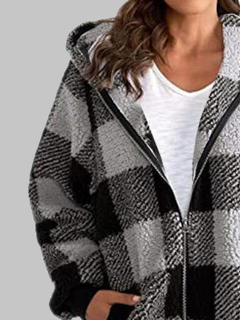 Checkered Plaid Zip-Up Hooded Jacket with Pockets