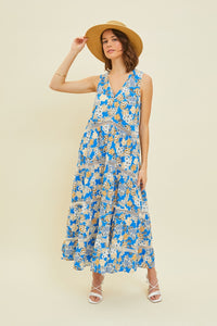 Floral Printed Blue Crochet Trim Maxi Dress Petite and Plus Size Fashion Casual Sleeveless  Dress