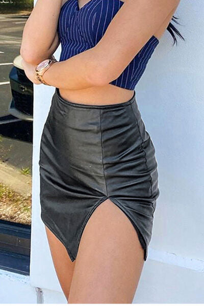 High Waist Slit Faux Leather Skirt