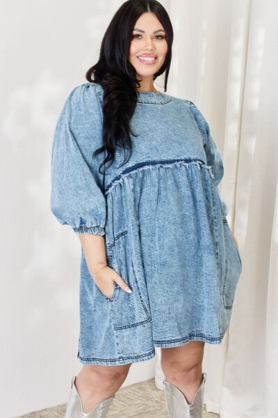 Women’s Oversized Denim Long Sleeve Babydoll Dress Full Size