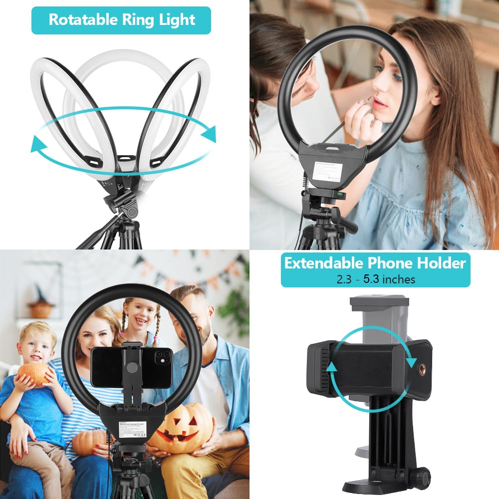 10'' Ring Light with 50'' Extendable Tripod Stand, SENSYNE LED Circle Lights with Phone Holder for Live Stream/Makeup/YouTube Video/TikTok, Compatible with All Phones.