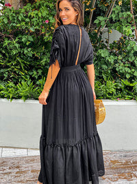 Plunge Neck Tie Sleeve Black Maxi Dress