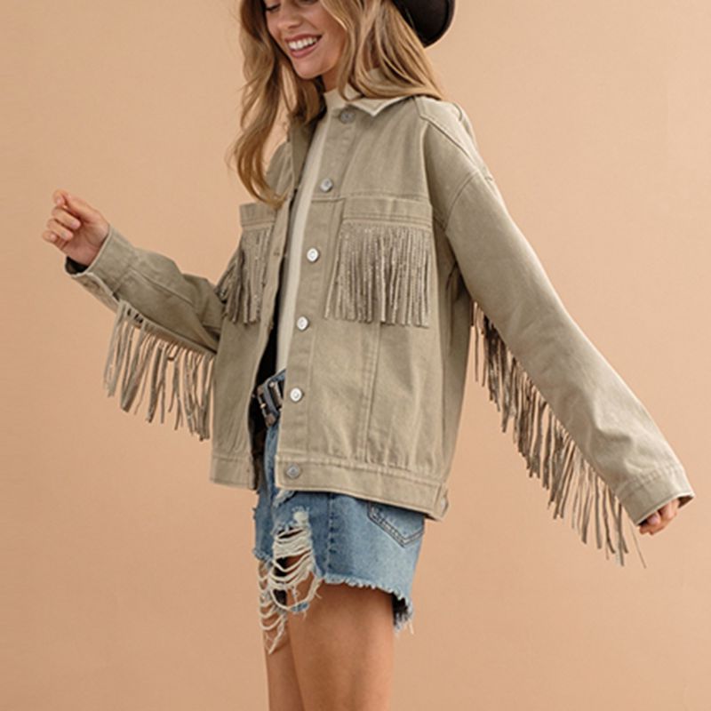 Fringe Denim Jacket Detail Dropped Shoulder Pink Shacket