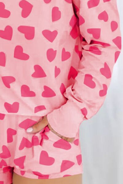 Heart Print Round Neck Top and Shorts Lounge Set Pajama Set Fashion Pajamas