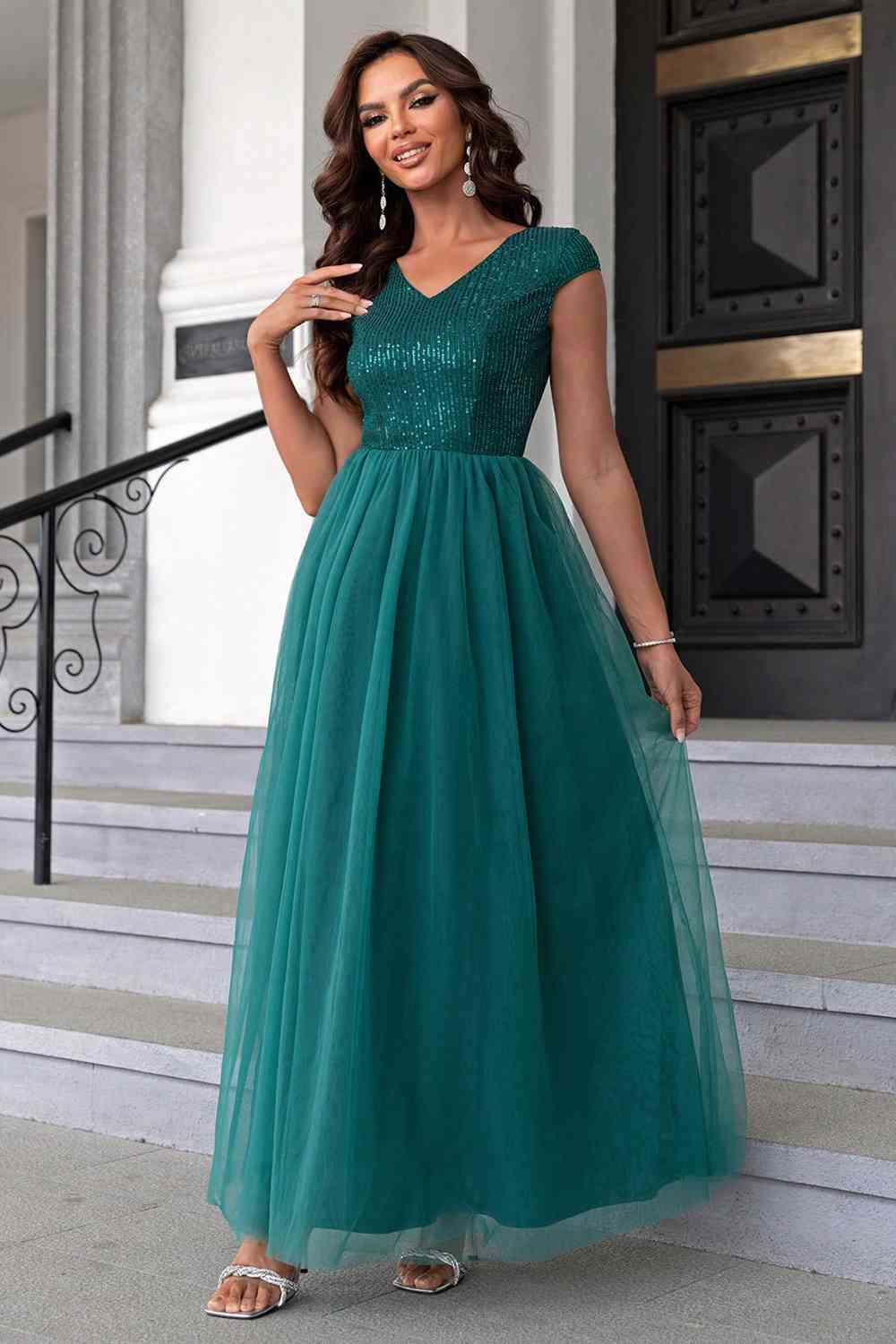 Sequin V-Neck Mesh Puffy Elegant Maxi Formal Party Dress