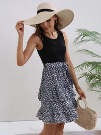 Printed Ruffled Round Neck Layered Dress