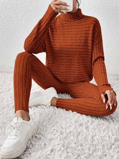 Womens Ribbed Turtleneck Top and Pants Set Loungewear Casual Fashion Sets