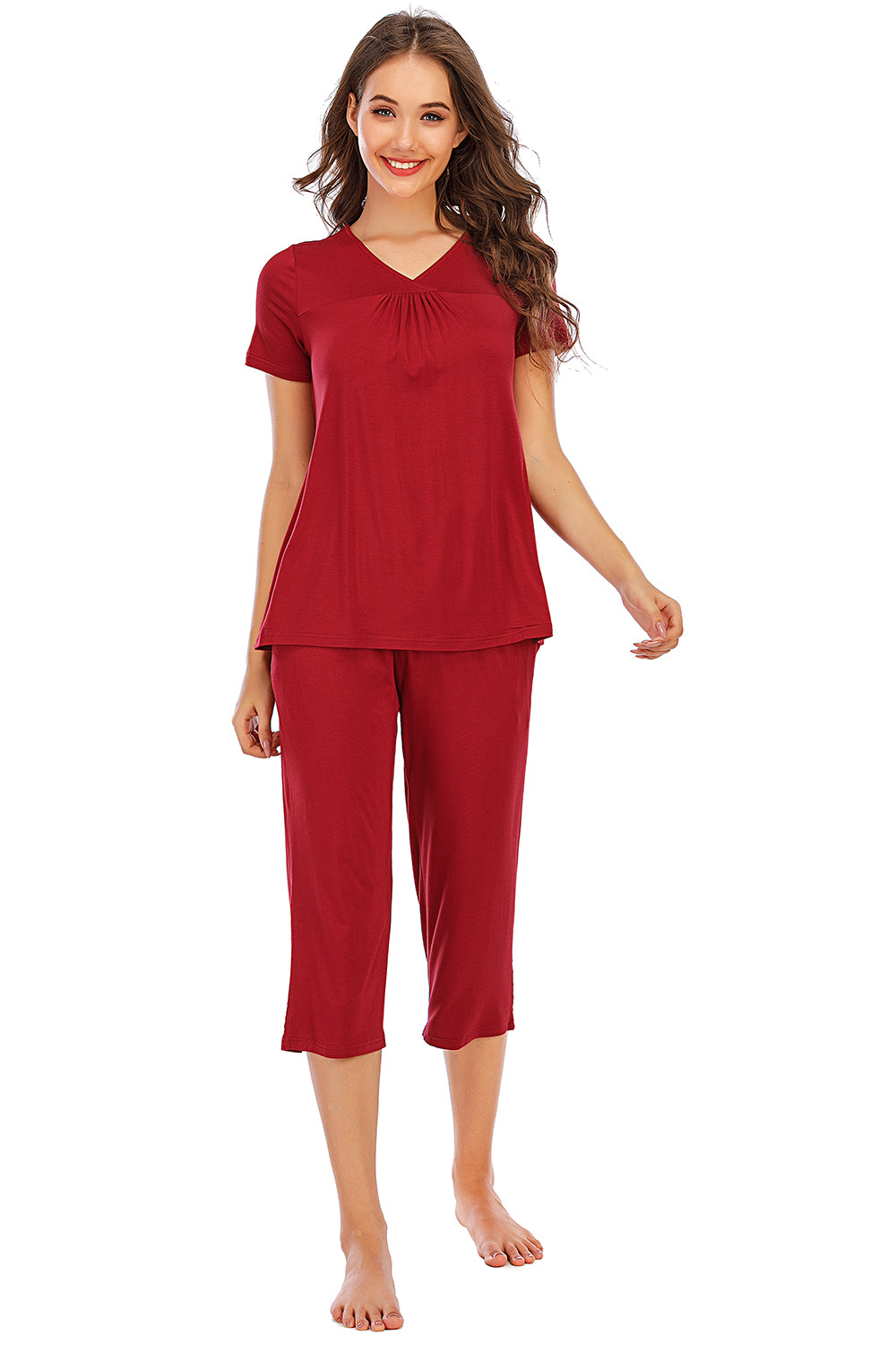 Pajama Set Women's V-Neck Short Sleeve Top and Pants Lounge Set