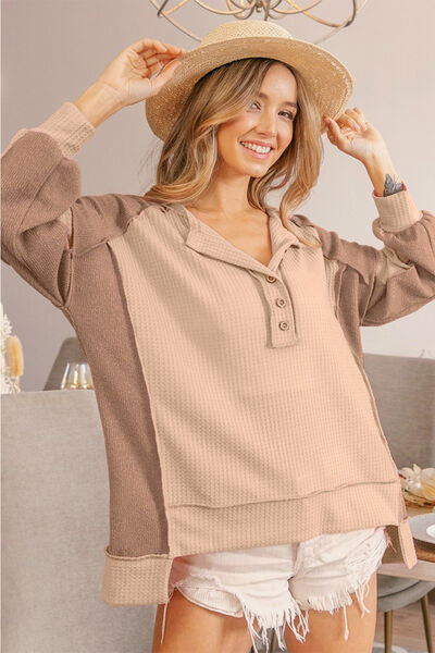 KESLEY Long Sleeve Shirt Half Button Exposed Seam Contrast Waffle Top Women's Fashion