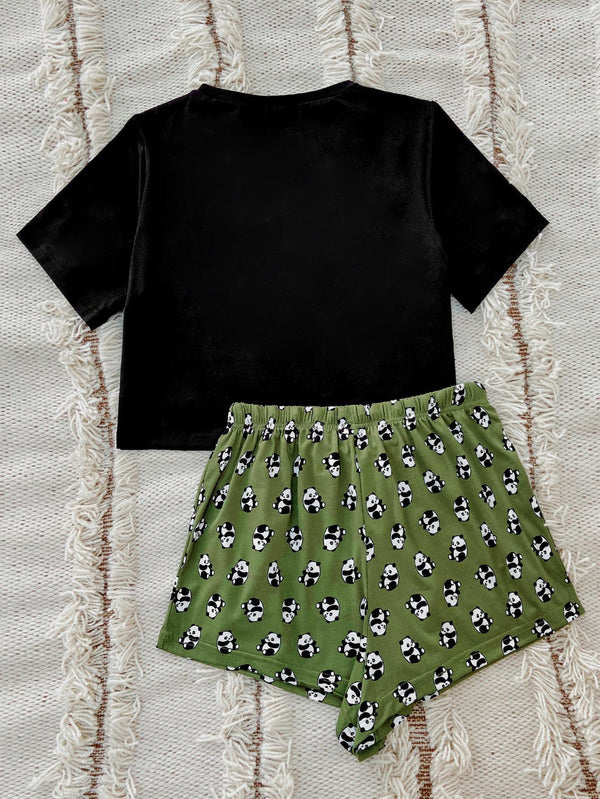 Women’s Pajamas Graphic Tee and Panda Print Shorts Lounge Fashion Set - Friday wine Lovers