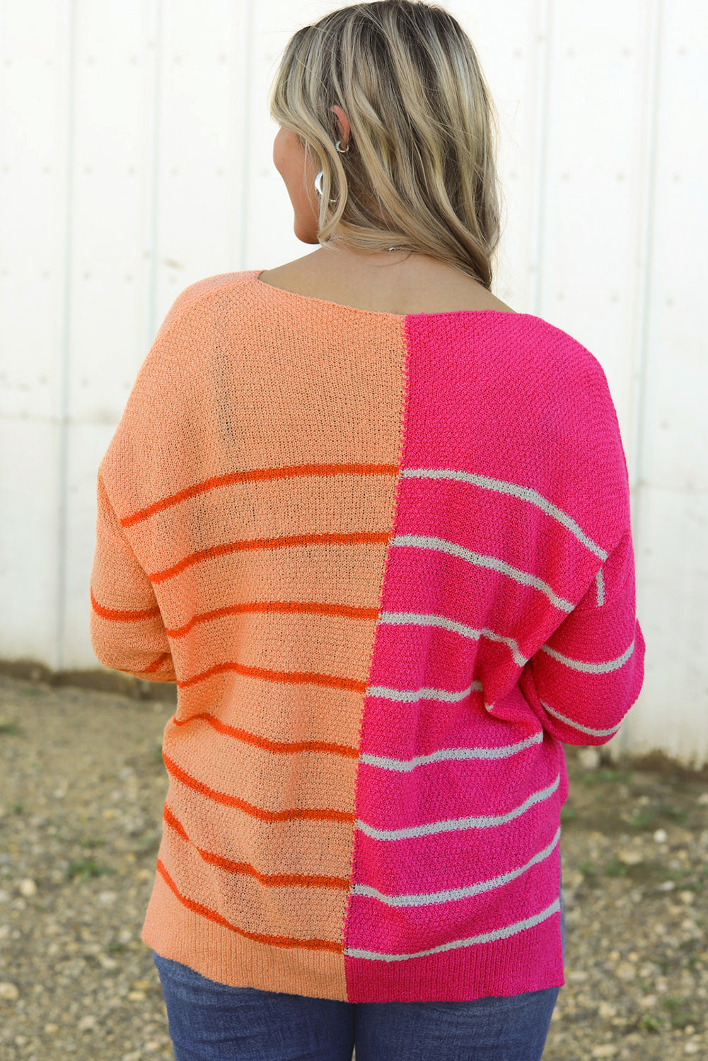 Women's Pink and Orange Top Colorblock Striped Pocketed Dropper Shoulder Sweater