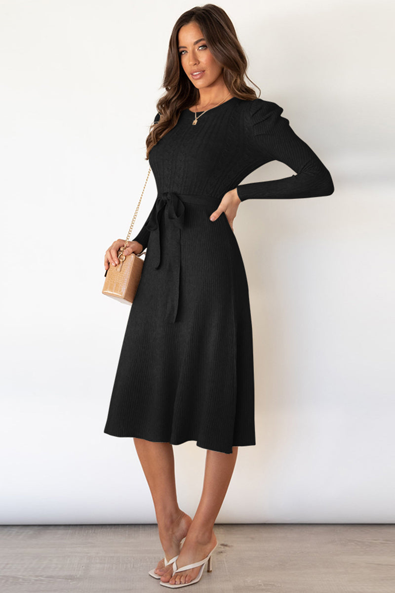 Round Neck Long Sleeve Tie Waist Sweater Dress