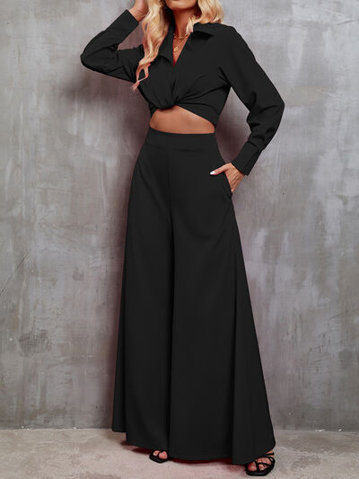 Pink Women’s Fashion Collared Neck Long Sleeve Top and Wide Leg Pants Set