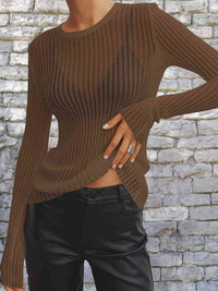 Women's Cotton Sheer See Through Round Neck Long Sleeve Ribbed Knit Top