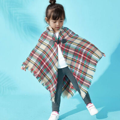 Plaid Horn Buckle Fringe Hem Shawl Girls Fashion Kids Clothing Sweater for Girls