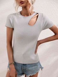 Womens Casual Shirt Cutout Round Neck Short Sleeve Knit Top