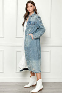 Women's Long Denim Jacket  Distressed Raw Hem Pearl Detail Button Up Light Shacket