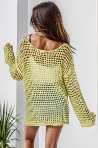 Yellow Crochet Long Sleeve Sweater Openwork Round Neck Dropped Shoulder Knit Top