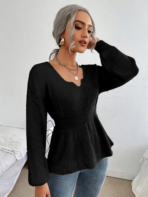 Notched Dropped Shoulder Knit Long Sleeve Top