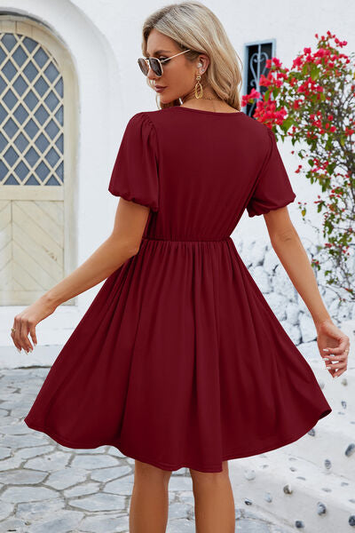 Womens V-Neck Balloon Short Sleeve Dress